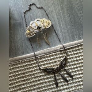 Vintage Silver & Gold Feather Necklace With Three Hearts Hair Clip